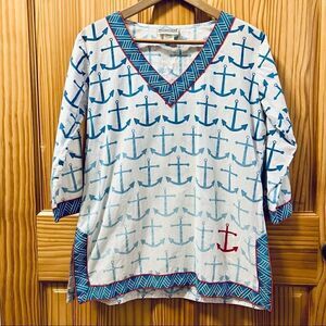 EcoAccents white blue nautical eco cotton anchor design 3/4 sleeve tunic shirt